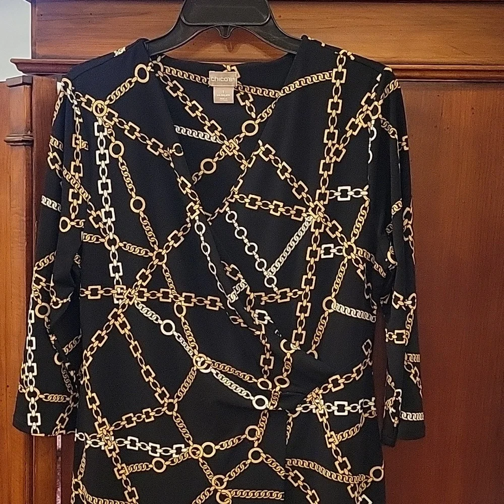 Chico’s | Black Faux Wrap Chain Print Midi Dress - US Size 8/10 - Picture 2 of 9